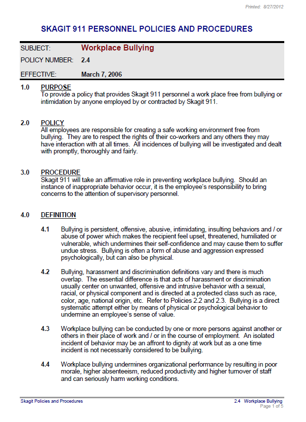 a screenshot of the first page of Skagit-911 call center's anti-bullying policy