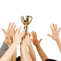 hands reaching for a trophy