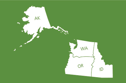 Outline map showing Alaksa, Washington, Oregon, and Idaho.