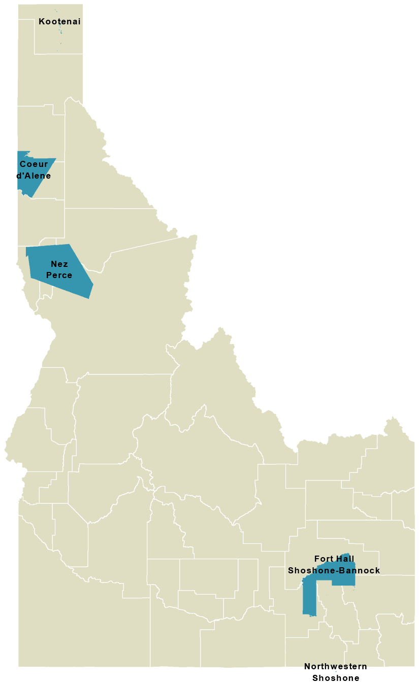 map showing the five federally-recognized tribes in Idaho: Kootenai, Coeur d'Alene, Nez Perce, Northwestern Shoshone, and Shoshone-Bannock
