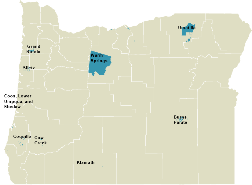 map showing the nine federally-recognized tribes in Oregon: Burns Paiute Tribe; Confederated Tribes of the Umatilla Indian Reservation; Confederated Tribes of Coos, Lower Umpqua, and Siuslaw Indians; Coquille Tribe; Cow Creek Band of Umpqua; Grand Ronde Tribes; Klamath Tribes; Siletz Tribes; Warm Springs Tribes