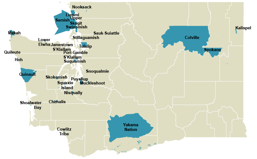 map showing the 29 federally-recognized tribes in Washington