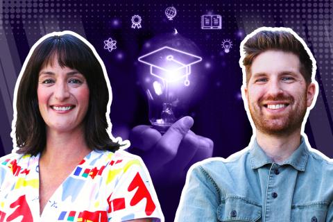 Image of Erica on the right and Kevin on the left with purple graphic behind.
