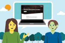 New E-Learning Course Graphic of two people and with a computer in a speech bubble