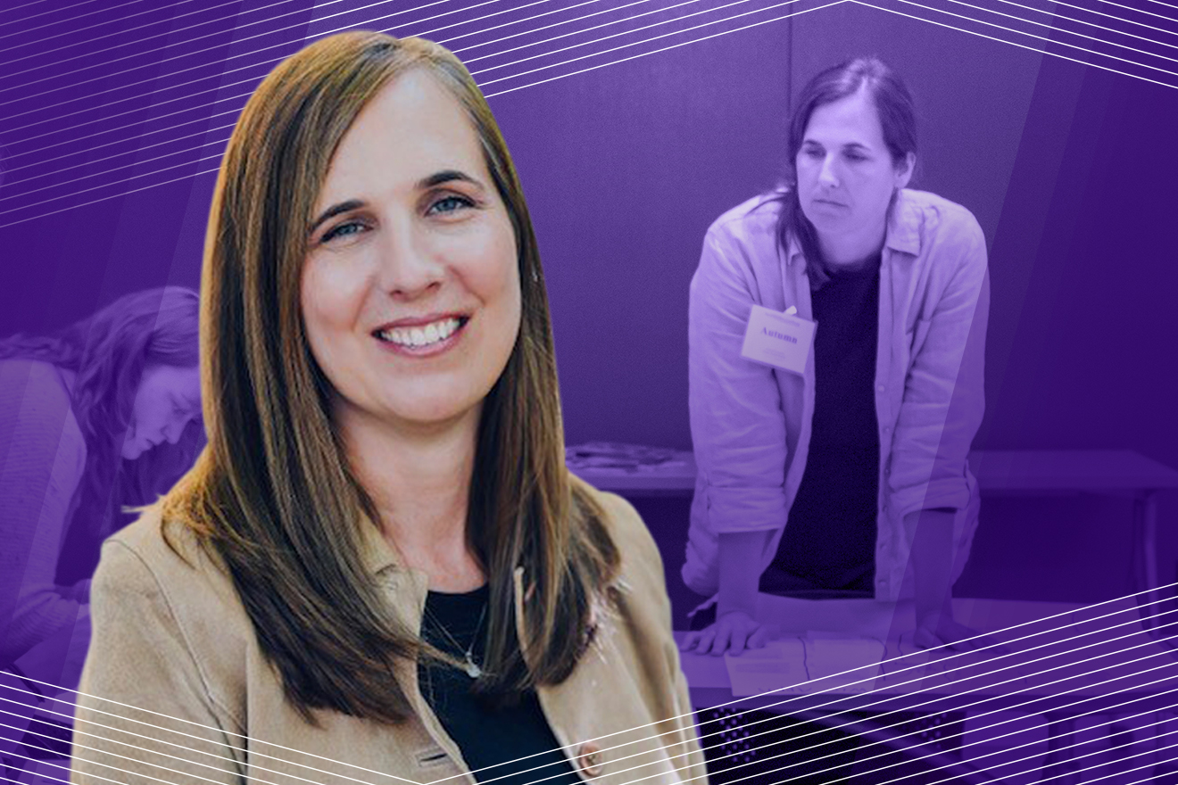 Image of woman smiling with second image of her in background with purple overlay