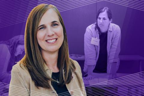 Image of woman smiling with second image of her in background with purple overlay