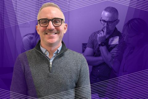 Former PHMC scholar, Nate Geerdes. Image of white man with glasses smiling. Purple background image.