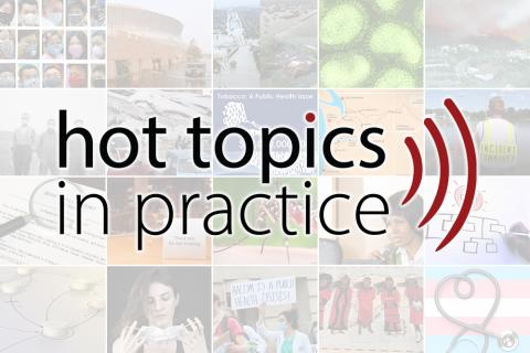 Image of HotTopics logo with opaque photo grid behind