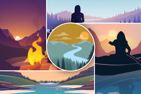 Seven Directions' Indigenous Evaluation Toolkit Training Graphic with 5 sections. Left: mountains in background and fire in foreground. Bottom: River center view. RightL silhouetted person on water in a canoe with mountains in the background. Top: silhouetted person with mountains in the background. Center: landscape with trees in foreground, river cutting through mountains in background, sun in sky with a few clouds.