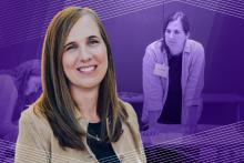 Image of woman smiling with second image of her in background with purple overlay