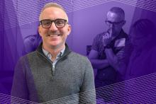 Former PHMC scholar, Nate Geerdes. Image of white man with glasses smiling. Purple background image.
