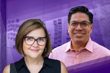 Image of headshots of woman and man smiling with purple background