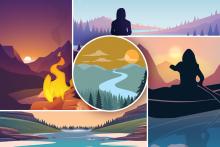 Seven Directions' Indigenous Evaluation Toolkit Training Graphic with 5 sections. Left: mountains in background and fire in foreground. Bottom: River center view. RightL silhouetted person on water in a canoe with mountains in the background. Top: silhouetted person with mountains in the background. Center: landscape with trees in foreground, river cutting through mountains in background, sun in sky with a few clouds.
