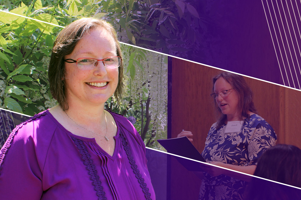 Photograph of Janell smiling with purple background and graphic lines