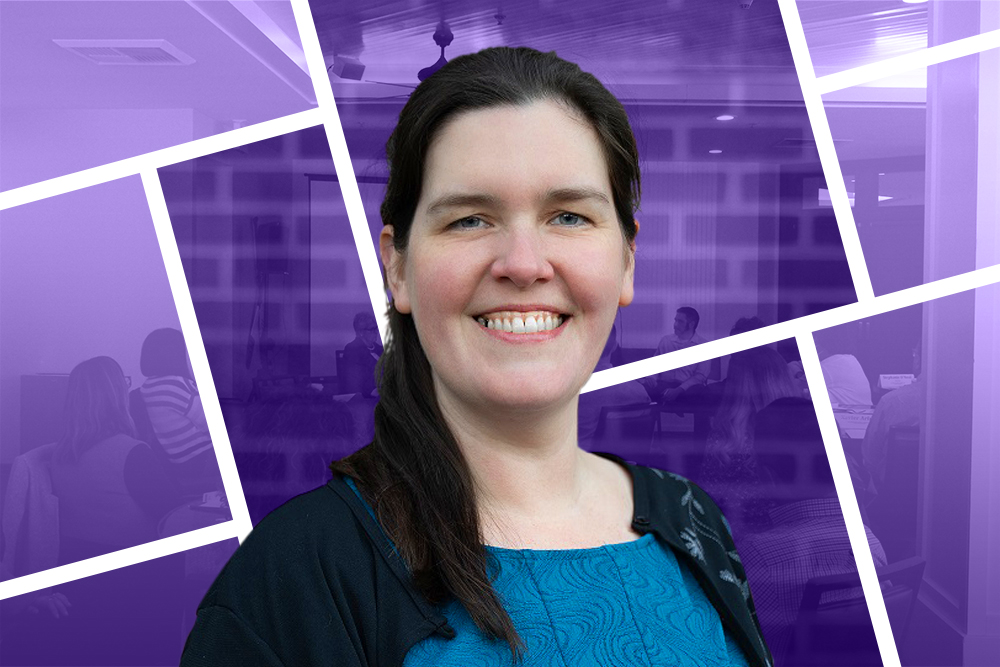 Photograph of Jilian smiling with purple background and graphic lines