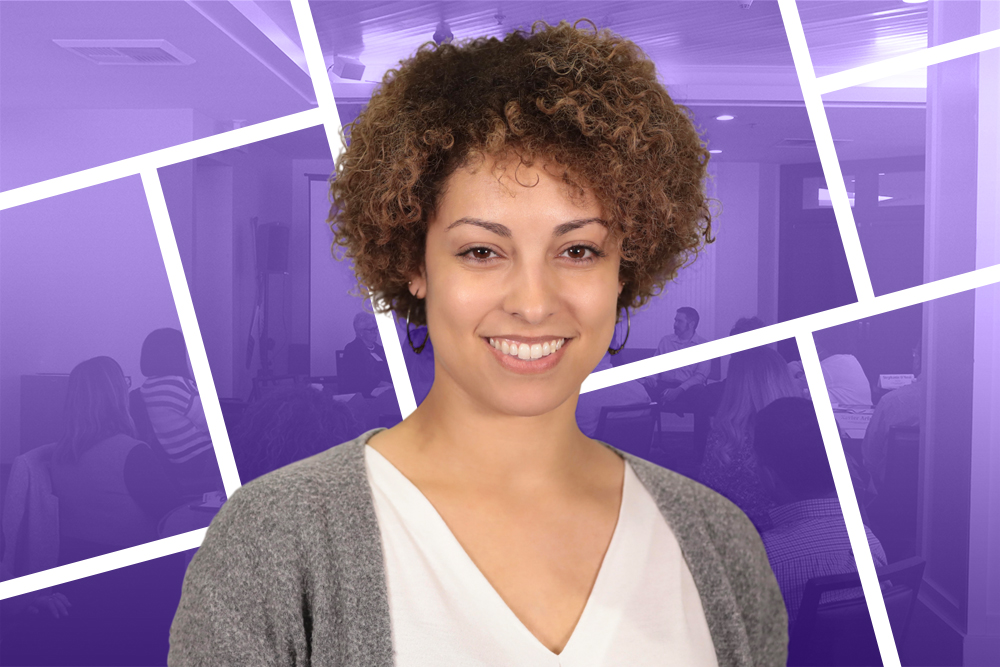 Photograph of Hallie smiling with purple background and graphic lines