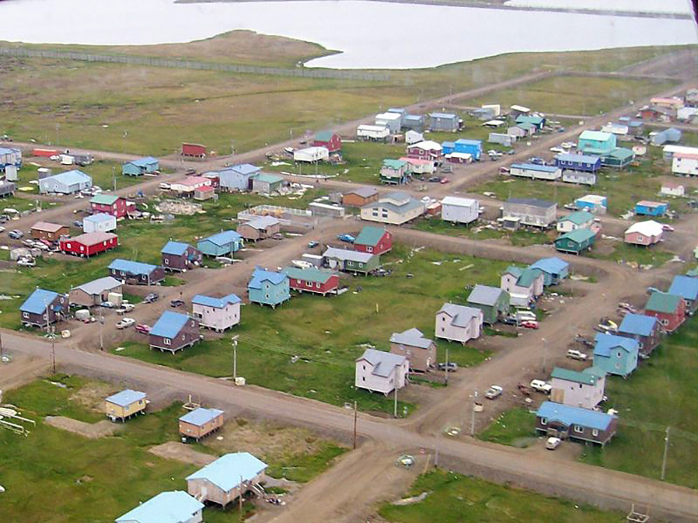 An Alaskan coastal village seen from the air.