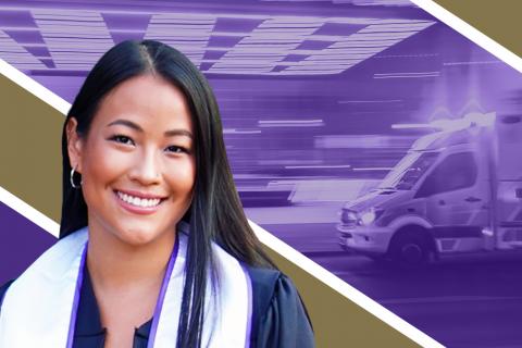 Graphic montage showing student Amanda Shi and an ambulance.