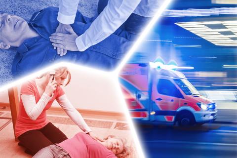 Three part image containing: 1) a person performing chest compressions on an unconscious man; 2) a woman on the phone tending to an unconscious woman; 3) a rushing ambulance