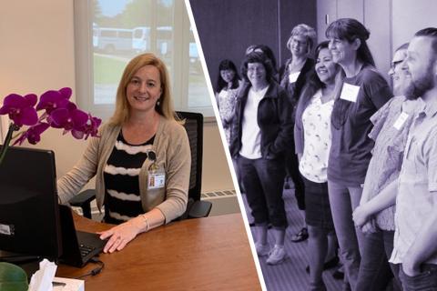 Photo montage showing Jo Anne Ferritto: one at her desk and one with her cohort of PHMC scholars.