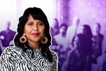 Photograph of Barbara Obena with purple image behind of a classroom