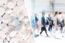 Divided image showing pills on the left and a blurred photo of people walking on the right