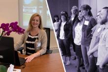 Photo montage showing Jo Anne Ferritto: one at her desk and one with her cohort of PHMC scholars.