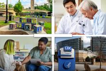 Photo montage of a number of different public health and health care settings.
