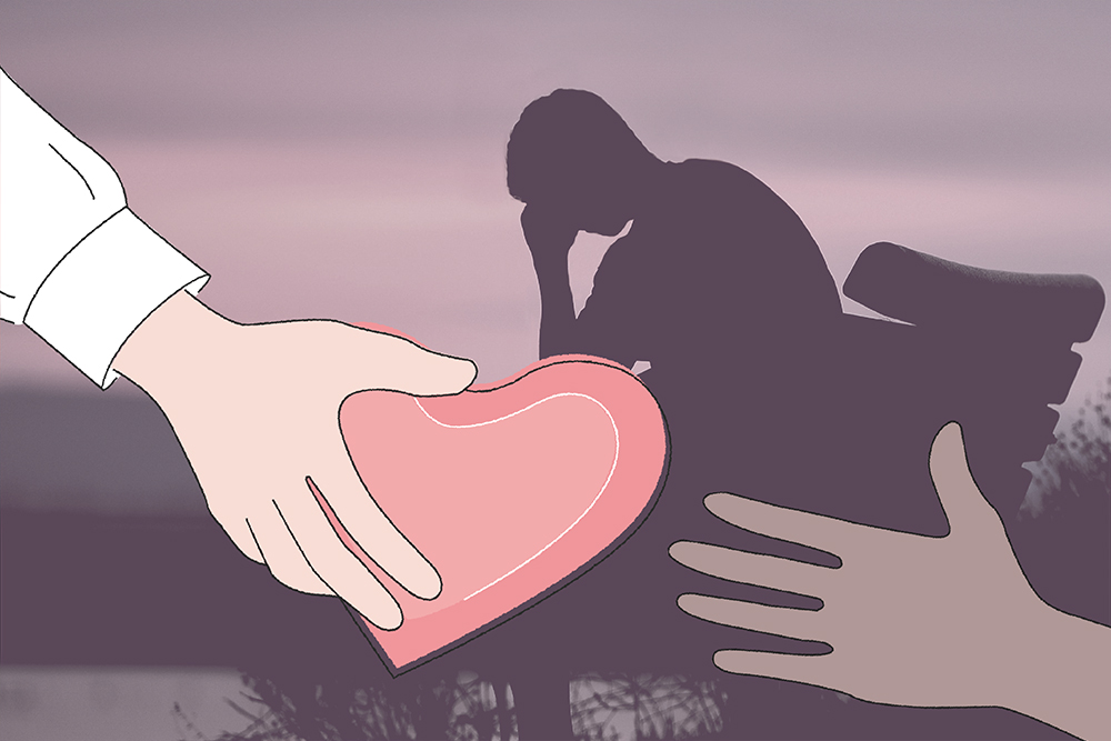 Drawing of a hand extending a cartoon heart to another hand superimposed over a silhouette of a person with their head in their hands.