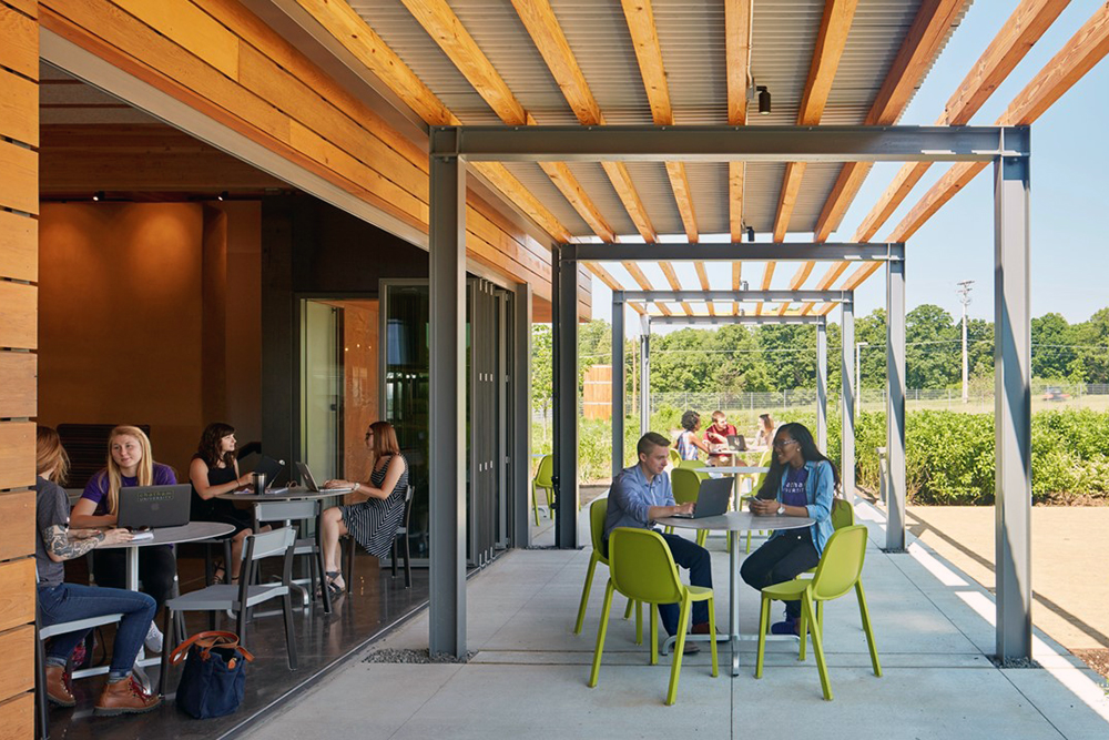 Photograph of outdoor seating at a restaurant.