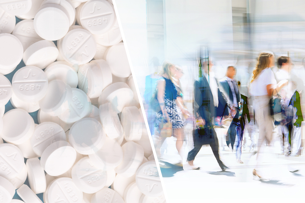 Divided image showing pills on the left and a blurred photo of people walking on the right