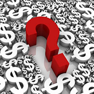 Graphic of a red question mark among a large number of white dollar signs.