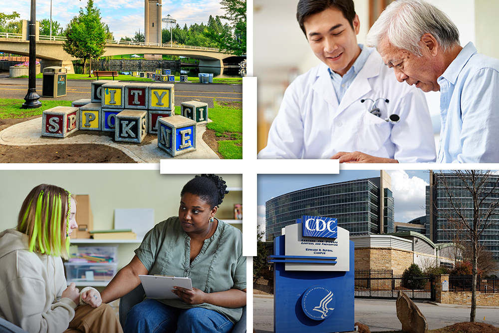 Photo montage of various public health and health care settings.