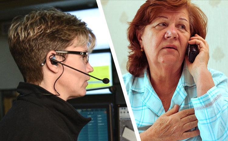 Photo montage showing a 9-1-1 dispatcher and a citizen, both on telephones.