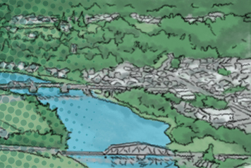 Drawing of a wooded area near a body of water.